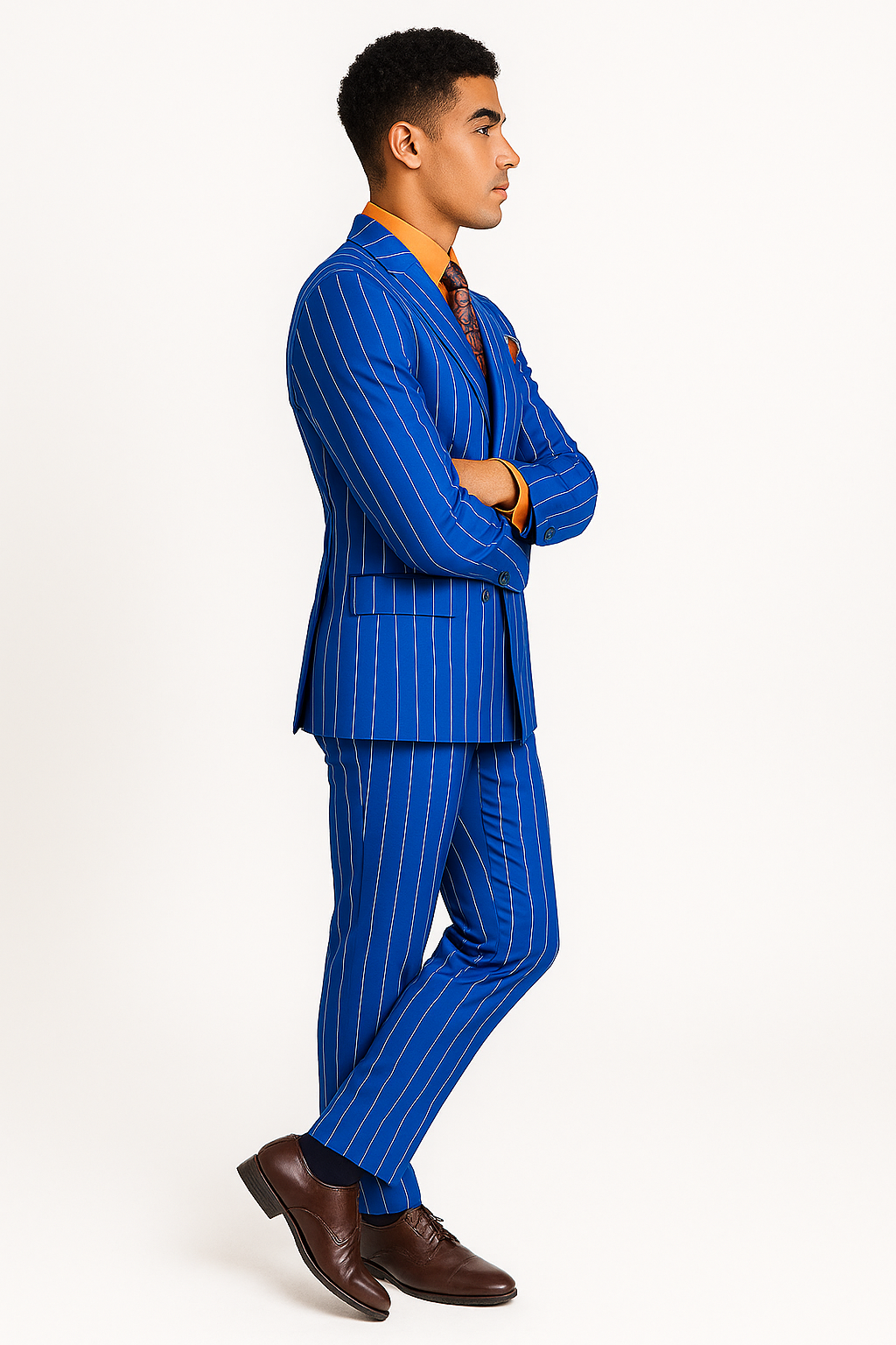 Mens Double Breasted Blazer Suit Jacket - Bold Pinstripe Sport Coat in Royal and White Pinstripe