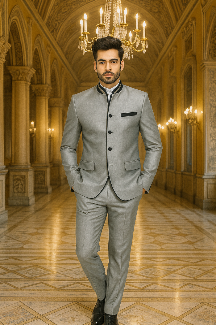 Mens 4 button Mandarin Tuxedo in Sharkskin Silver Grey with Black Trim