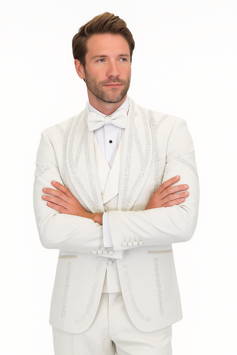 Italian white wool tuxedo with a modern fit. Features a peaked lapel, single-button closure jacket, matching trousers, and white bow tie. Structured for formal occasions.
