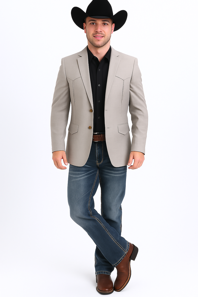 Men's beige western blazer. Double-button closure, tailored fit, structured design. Features two front pockets and chest stitching. Lightweight, smooth material. Neutral color.
