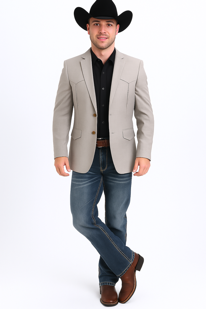 Men's beige western blazer. Double-button closure, tailored fit, structured design. Features two front pockets and chest stitching. Lightweight, smooth material. Neutral color.
