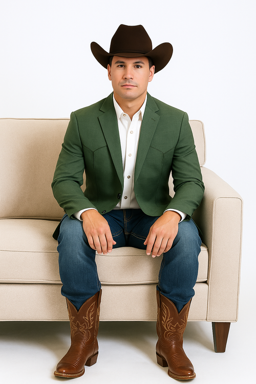 Men's green Western blazer: Fitted, structured shoulders, peaked lapels. Woven fabric with subtle texture. Rich green color, two flap pockets, single-button waist closure, tailored sleeves.
