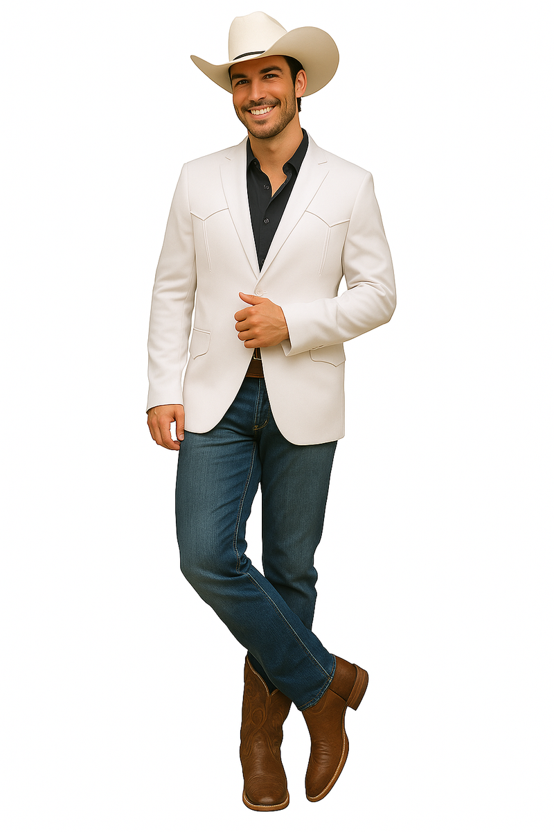 White men's western blazer. Fitted, structured design with pointed lapels and visible seams. Features two front pockets. Smooth fabric for a streamlined, classic look.
