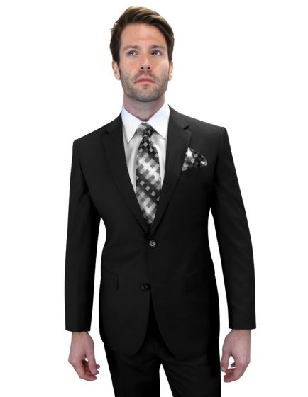 Men's two-piece suit made from 100% wool in a modern fit. It features a solid black color and consists of a jacket with two buttons and matching trousers. The suit is structured with tailored lines and a sharp silhouette.