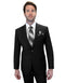 Men's two-piece suit made from 100% wool in a modern fit. It features a solid black color and consists of a jacket with two buttons and matching trousers. The suit is structured with tailored lines and a sharp silhouette.