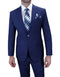 Modern fit, two-piece suit made from 100% wool. The suit is primarily a solid dark blue color. It features a single-breasted jacket with two visible buttons and notch lapels, along with flat-front trousers. The suit's design is streamlined with a fitted shape.