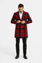 Mens Red and Black Plaid Wool Overcoat with Notch Lapel