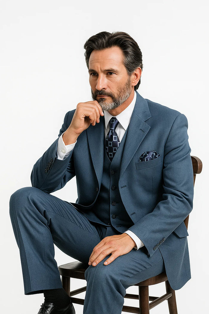 Alberto Nardoni men's steel blue 3-piece suit. Fitted shape, structured jacket, matching trousers, and vest. Smooth fabric with subtle texture. Classic 3-button design, patterned tie, pocket square.