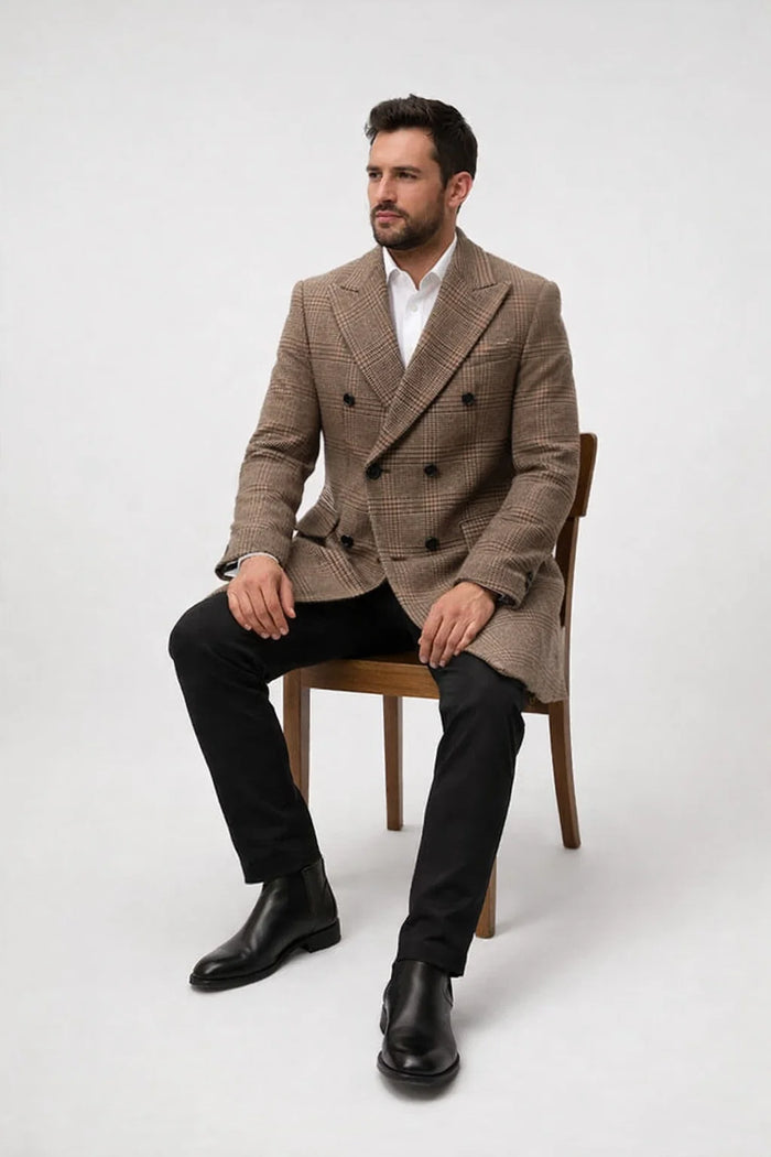 Mens Gray and Light Brown Glen Plaid Wool Overcoat Double-Breasted Vintage Check OverCoat - Three Quarter Carcoat