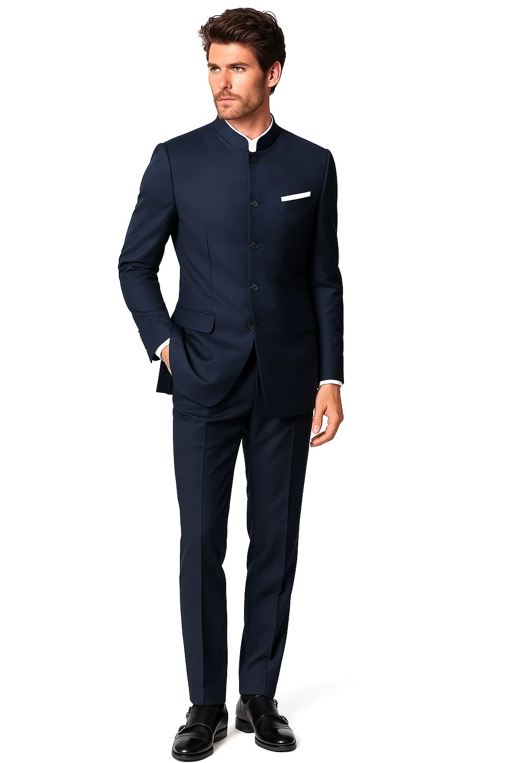 4 Button  Banded Collar Suit  One Chest Pocket  Two Flap Front Pockets  Color: Navy Blue