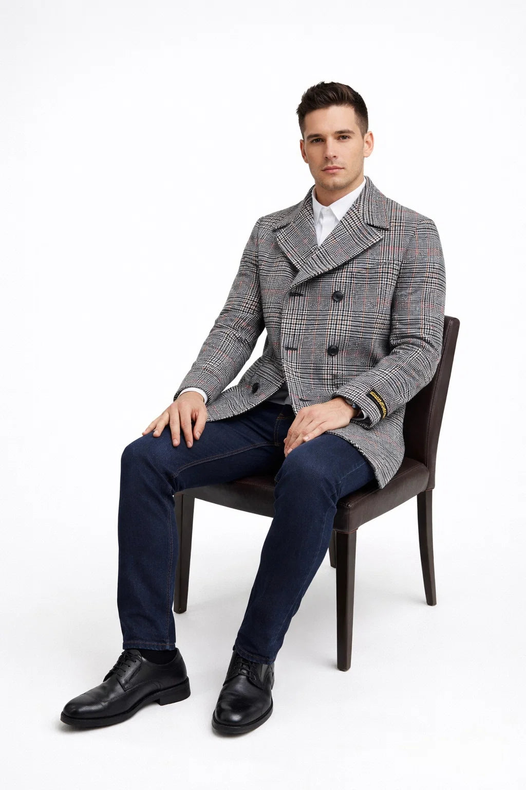 Mens Double-Breasted Houndstooth Plaid Overcoat in Black, White, and Red