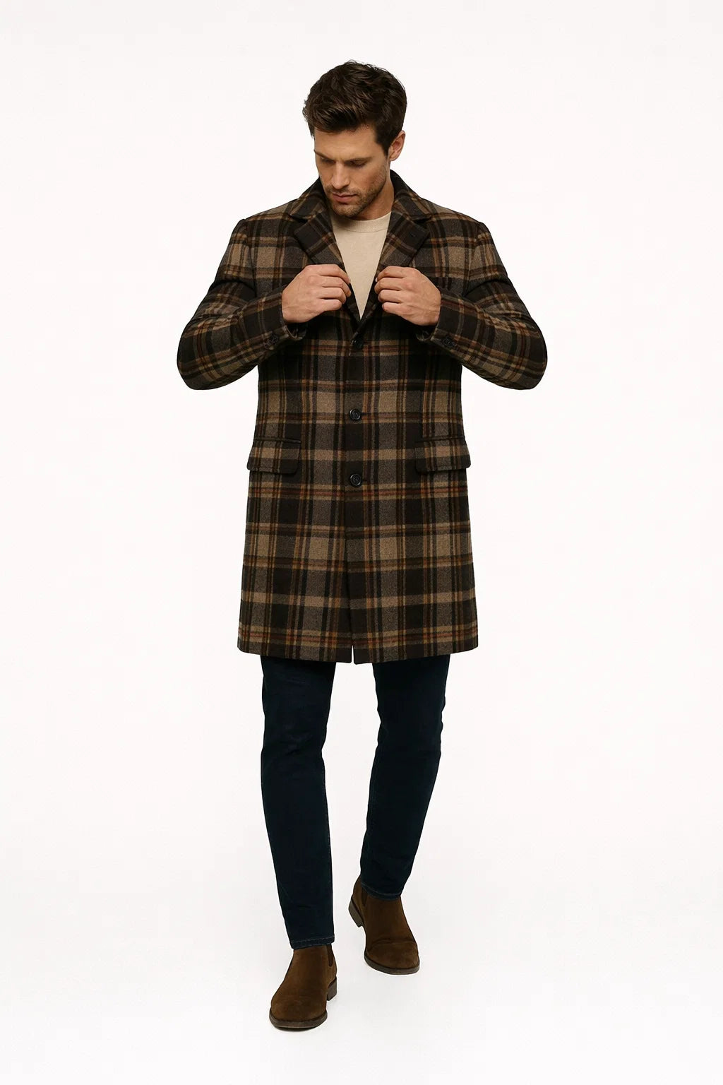 Mens Plaid Wool Overcoat â€“ Khaki and Brown and Cream Check Pattern Winter Coat