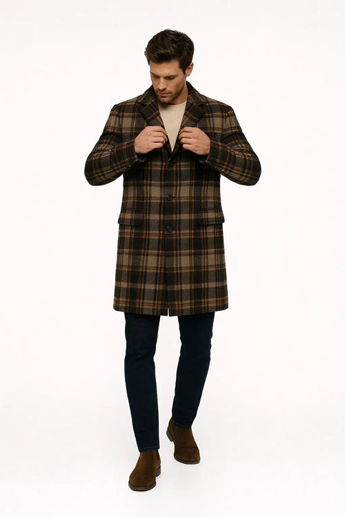 Mens Plaid Wool Overcoat â€“ Khaki and Brown and Cream Check Pattern Winter Coat