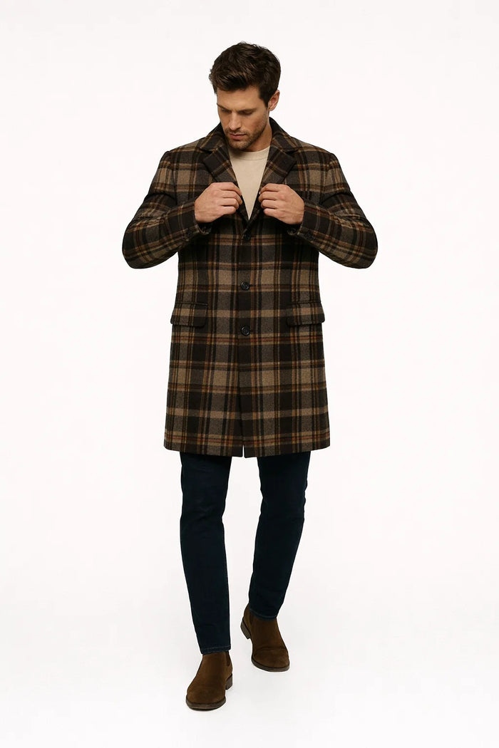 Mens Plaid Wool Overcoat haki and Brown and Cream Check Pattern Winter Coat