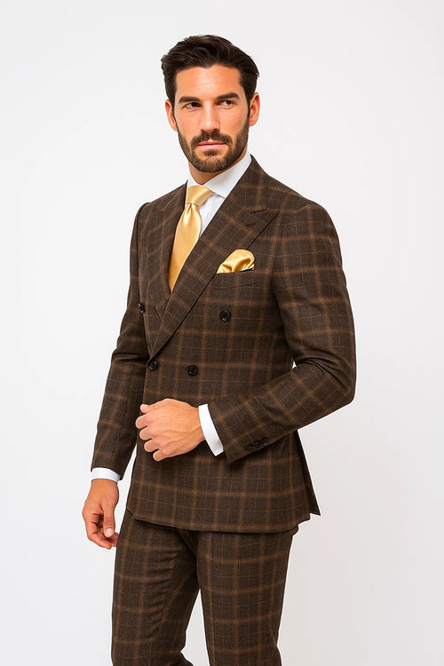 Rossiman Classic Wool Suit – Brown Windowpane Plaid Double-Breasted Formalwear
