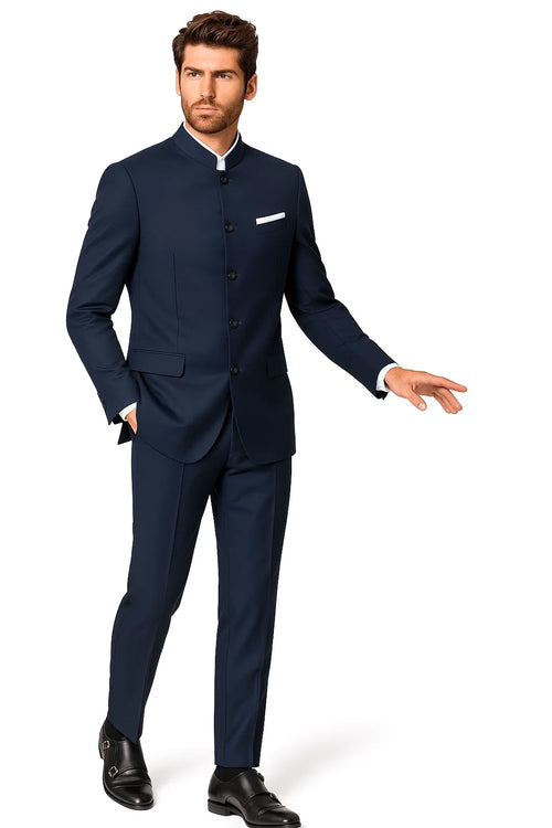 4 Button  Banded Collar Suit  One Chest Pocket  Two Flap Front Pockets  Color: Navy Blue