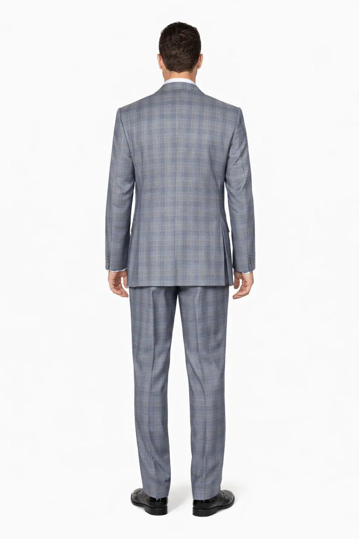 Mens Gray Plaid Suit Modern Fit Plaid Windowpane Suit With Double Breasted Scoop Vest In Grey
