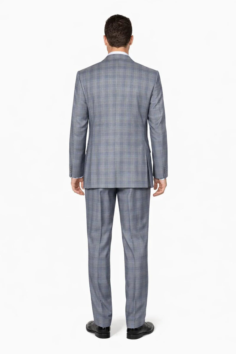 Mens Gray Plaid Suit Modern Fit Plaid Windowpane Suit With Double Breasted Scoop Vest In Grey