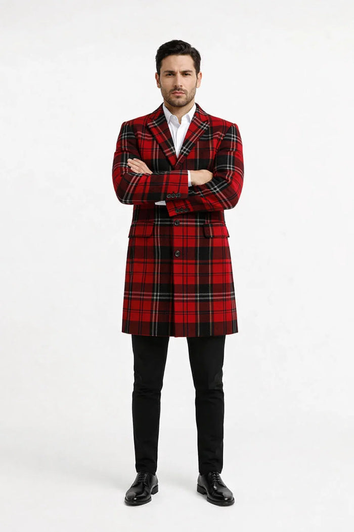Mens Red and Black Plaid Wool Overcoat with Notch Lapel