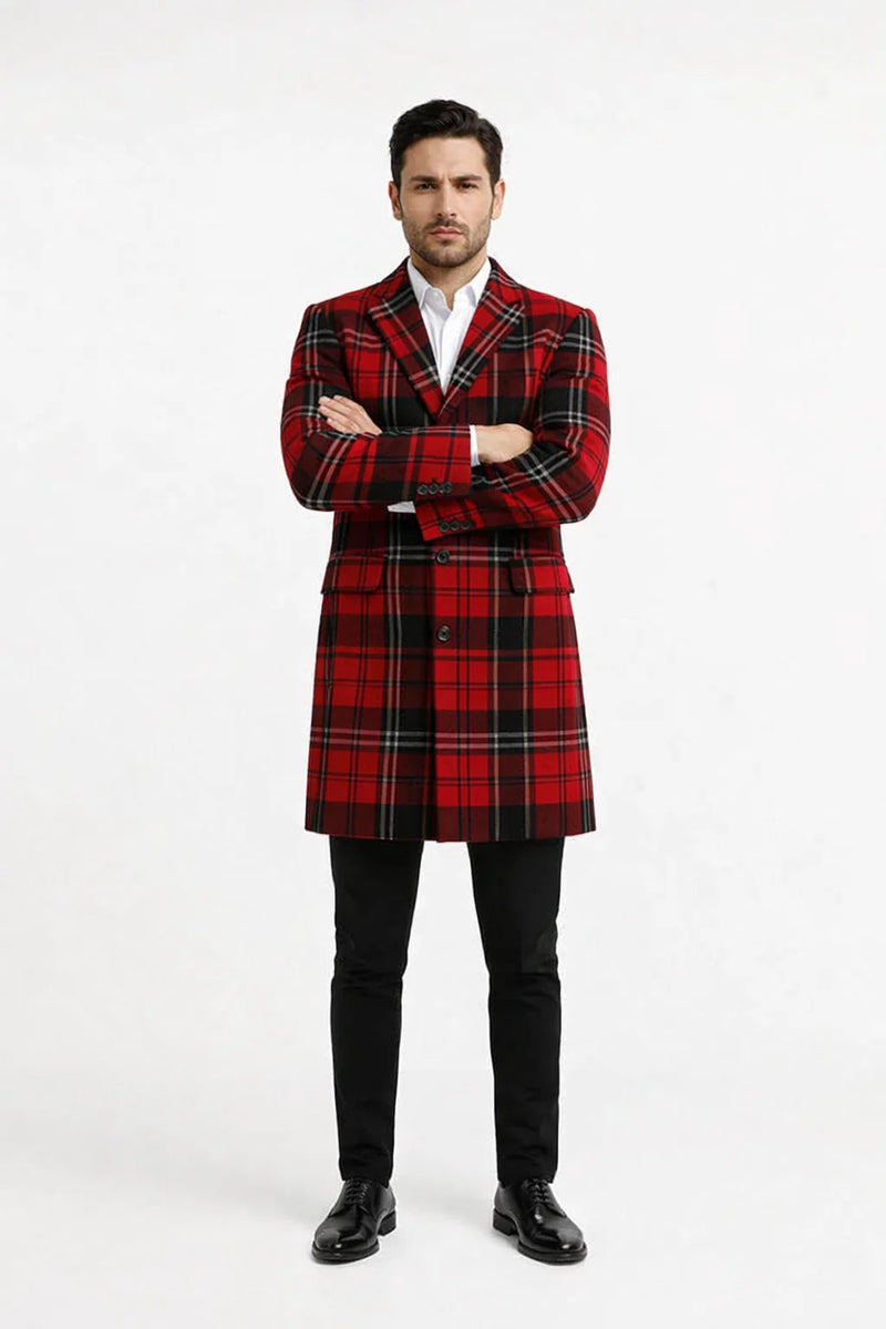 Mens Red and Black Plaid Wool Overcoat with Notch Lapel