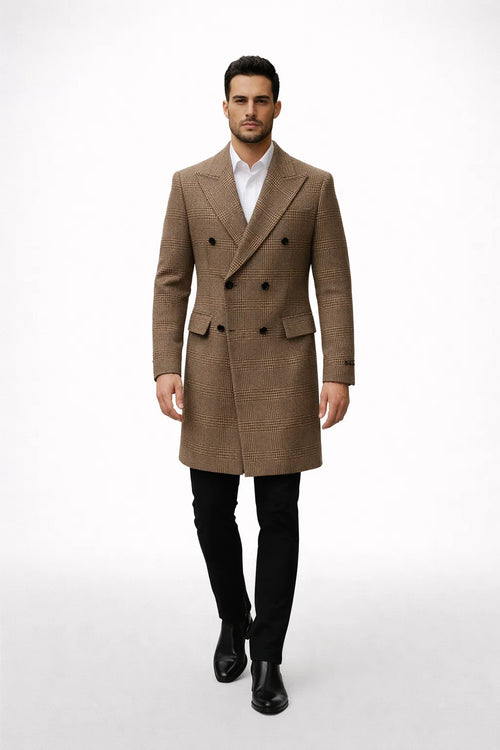 Mens Gray and Light Brown Glen Plaid Wool Overcoat â€“ Double-Breasted Vintage Check OverCoat - Three Quarter Carcoat