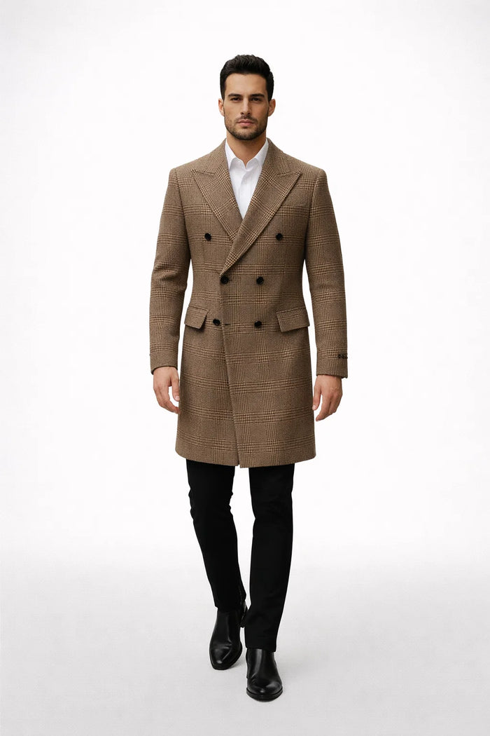 Mens Gray and Light Brown Glen Plaid Wool Overcoat Double-Breasted Vintage Check OverCoat - Three Quarter Carcoat