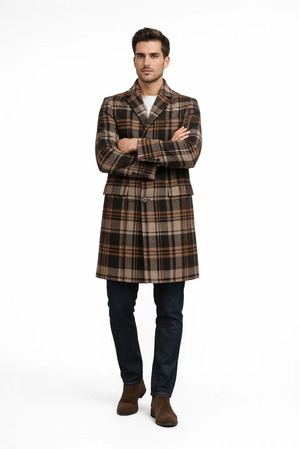 Mens Plaid Wool Overcoat â€“ Khaki and Brown and Cream Check Pattern Winter Coat