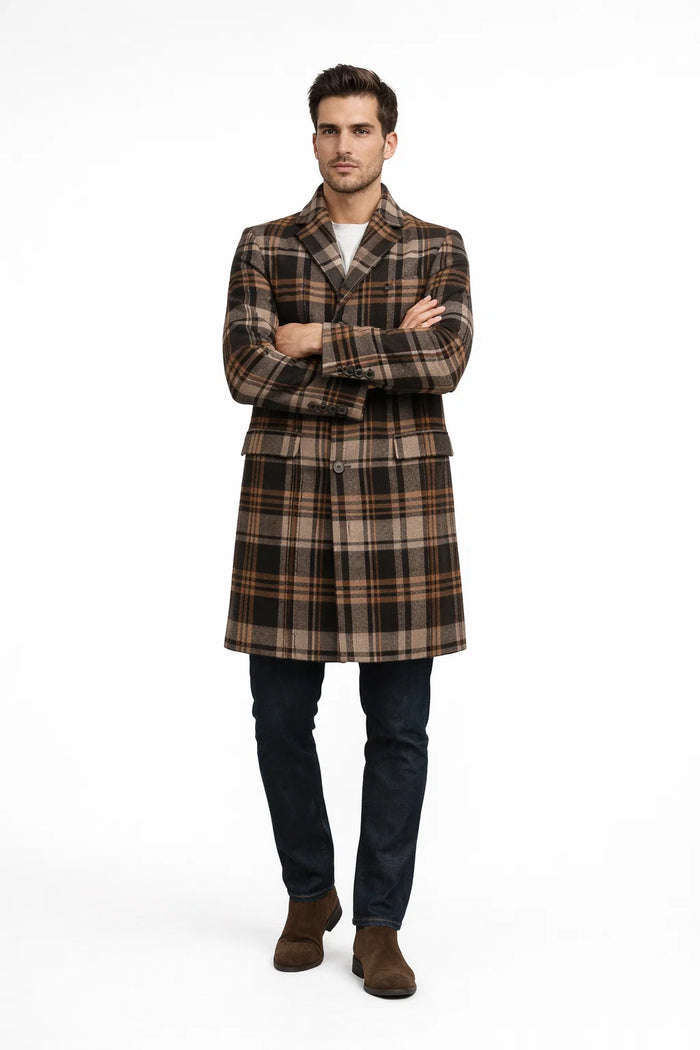 Mens Plaid Wool Overcoat haki and Brown and Cream Check Pattern Winter Coat