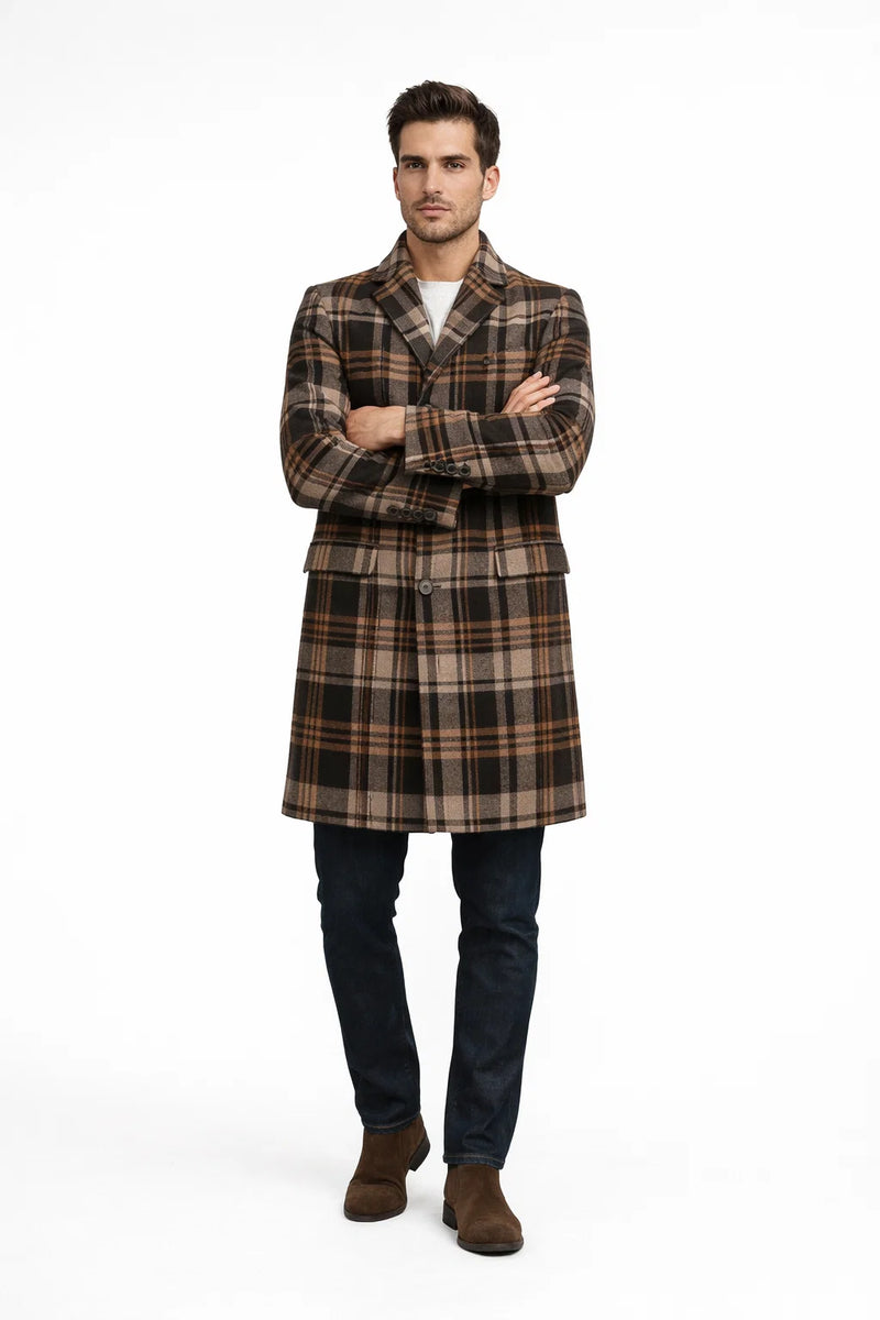 Mens Plaid Wool Overcoat haki and Brown and Cream Check Pattern Winter Coat