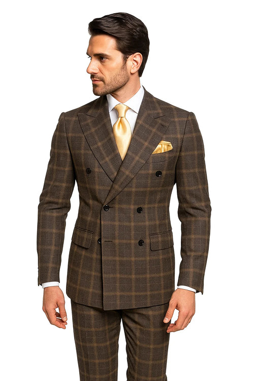 Rossiman Classic Wool Suit – Brown Windowpane Plaid Double-Breasted Formalwear