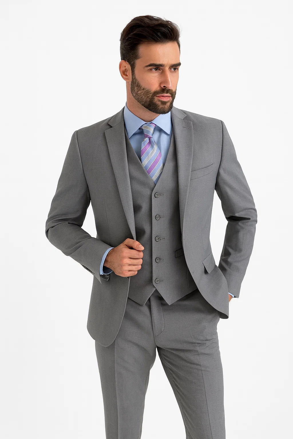 Mens Vested Slim Fit Wool Feel Suit in Medium Grey