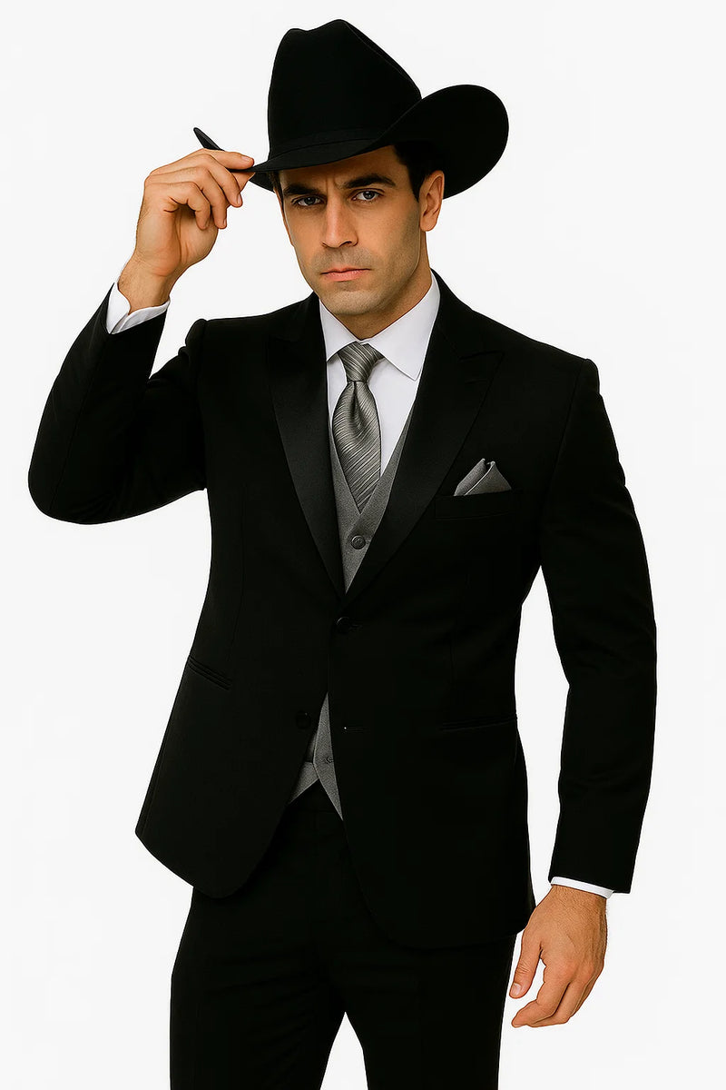 Black western tuxedo with tailored fit, satin peak lapel, and silver vest. Complete with a cowboy hat for a unique western style.
