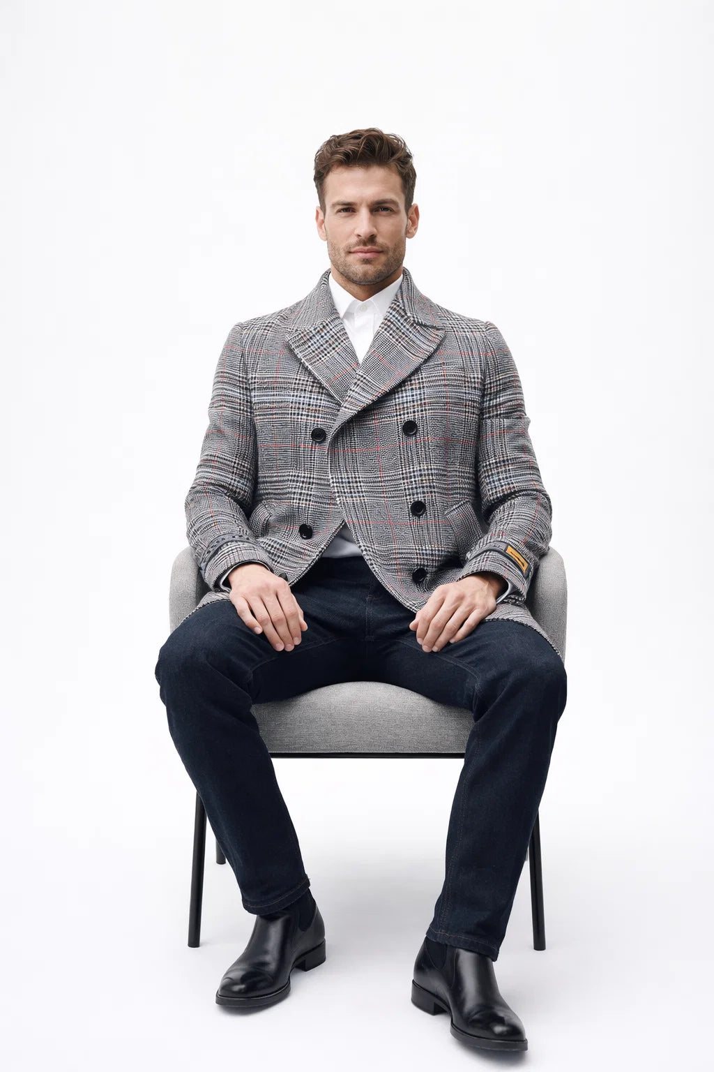 Mens Double-Breasted Houndstooth Plaid Overcoat in Black, White, and Red