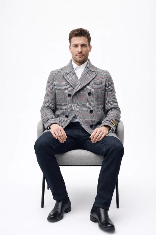 Mens Double-Breasted Houndstooth Plaid Overcoat in Black, White, and Red