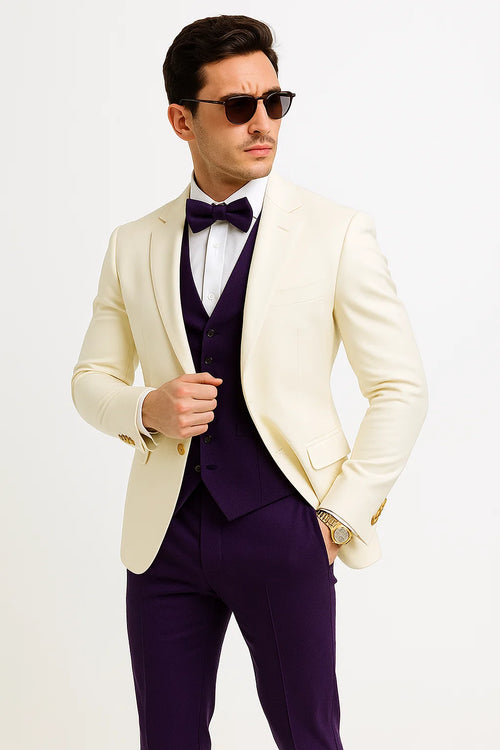 White and Purple Tuxedo Wedding Suit - White Dinner Jacket + Vest + Pants + Bow-tie
