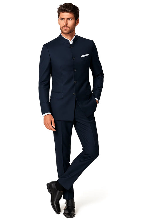 4 Button  Banded Collar Suit  One Chest Pocket  Two Flap Front Pockets  Color: Navy Blue