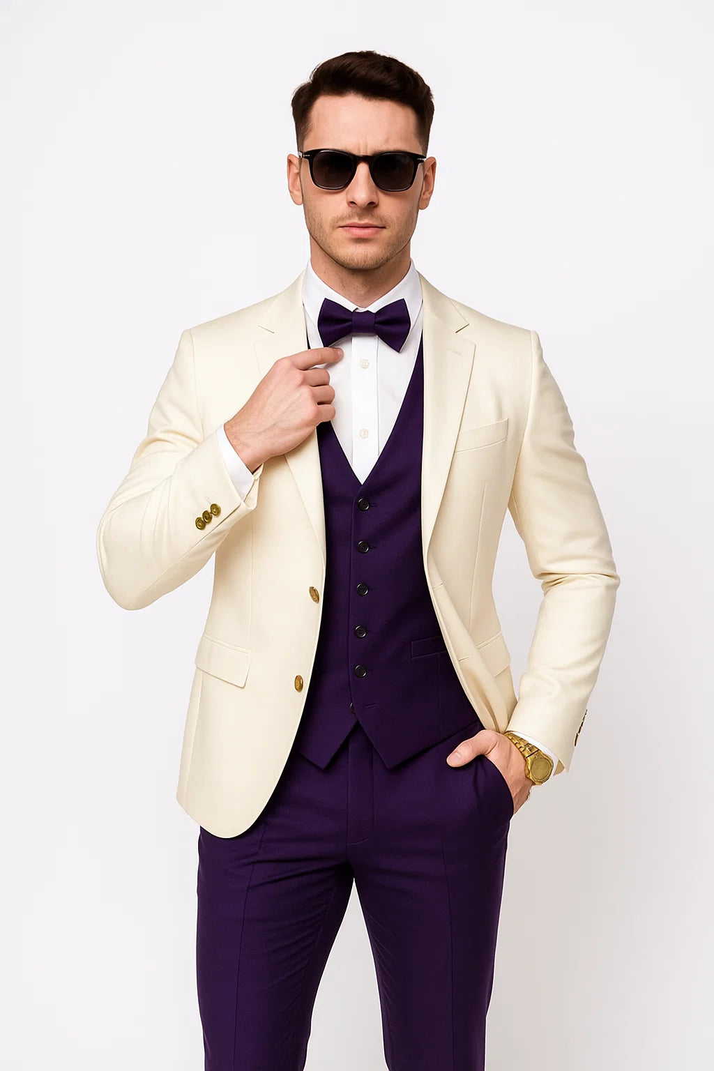 White and Purple Tuxedo Wedding Suit - White Dinner Jacket + Vest + Pants + Bow-tie