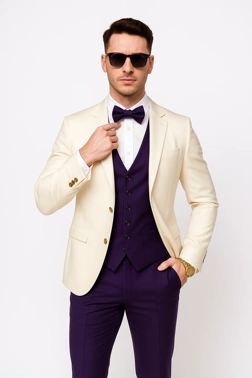 White and Purple Tuxedo Wedding Suit - White Dinner Jacket + Vest + Pants + Bow-tie