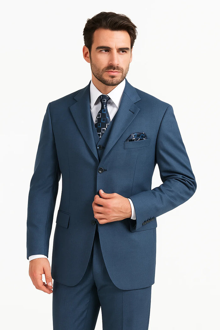Alberto Nardoni men's sapphire steel blue 3-button suit. Tailored, single-breasted, smooth woven fabric. Deep blue with notched lapels & pocket square. Classic formal style. Includes jacket & trousers.