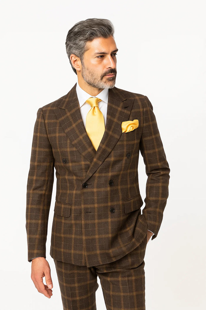 Rossiman Classic Wool Suit â€“ Brown Windowpane Plaid Double-Breasted Formalwear