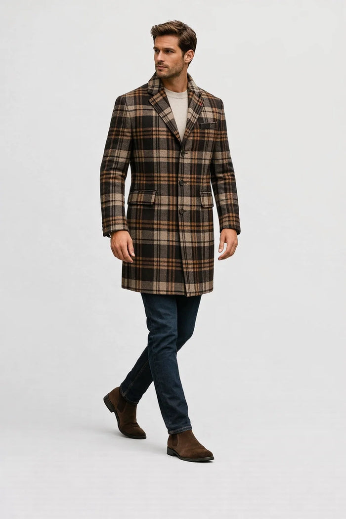 Mens Plaid Wool Overcoat haki and Brown and Cream Check Pattern Winter Coat