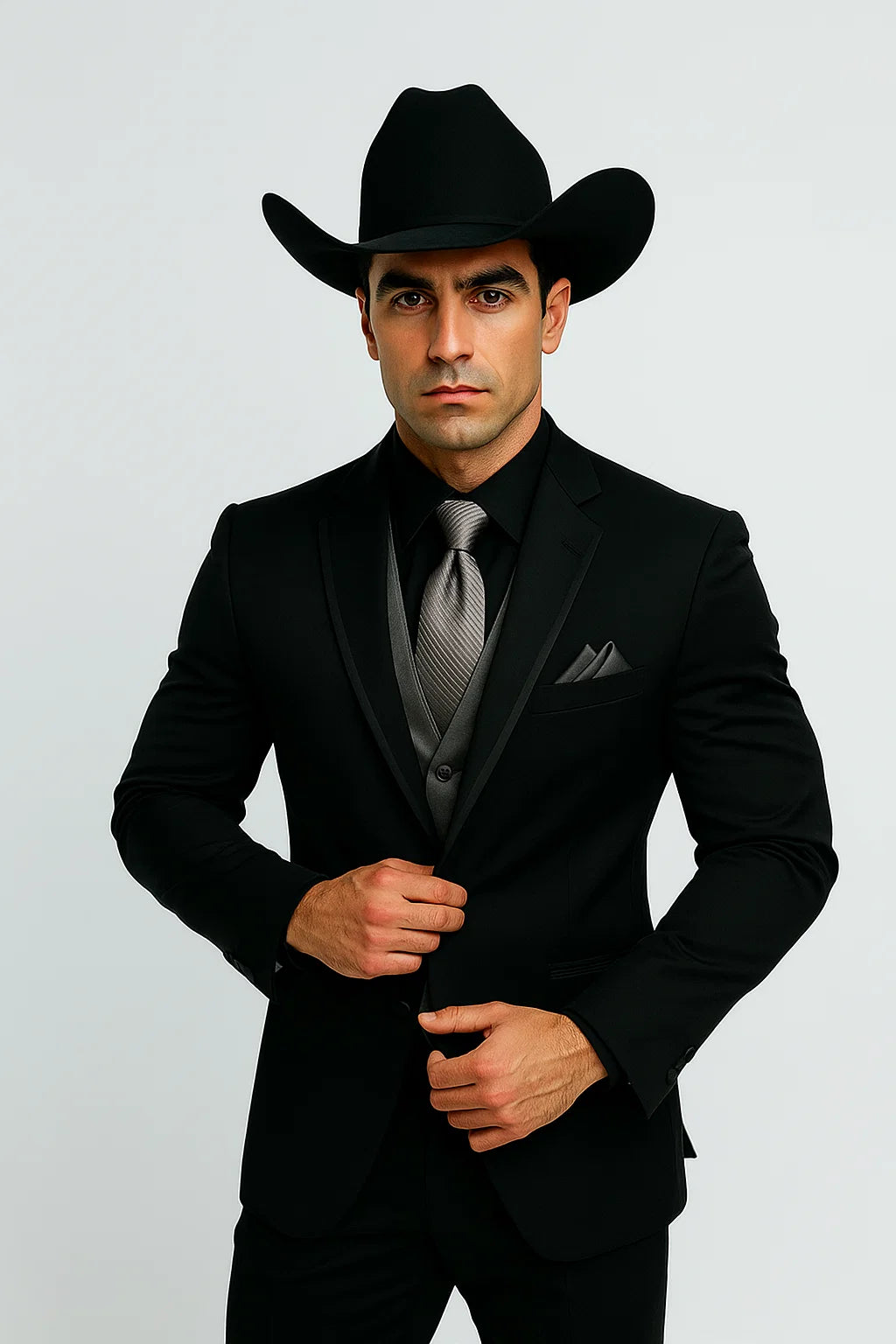 Men's black western tuxedo: fitted silhouette, smooth fabric. Silver vest & tie. Cowboy hat included. Classic western formal wear.
