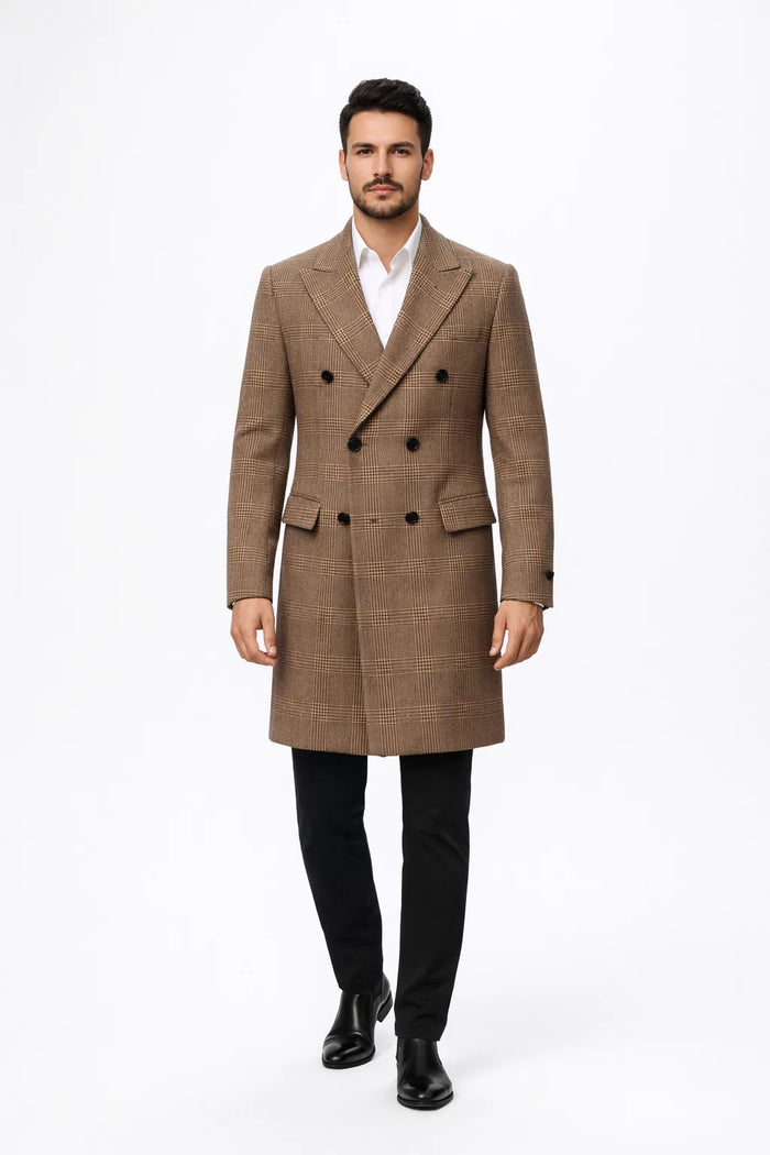 Mens Gray and Light Brown Glen Plaid Wool Overcoat Double-Breasted Vintage Check OverCoat - Three Quarter Carcoat