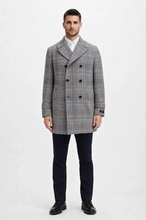 Mens Double-Breasted Houndstooth Plaid Overcoat in Black, White, and Red
