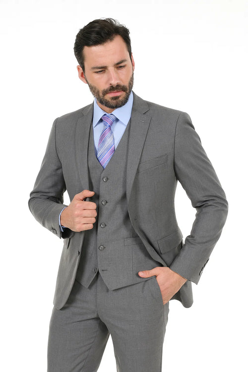 Mens Vested Slim Fit Wool Feel Suit in Medium Grey