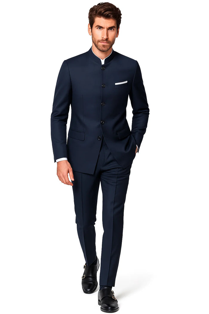 4 Button  Banded Collar Suit  One Chest Pocket  Two Flap Front Pockets  Color: Navy Blue