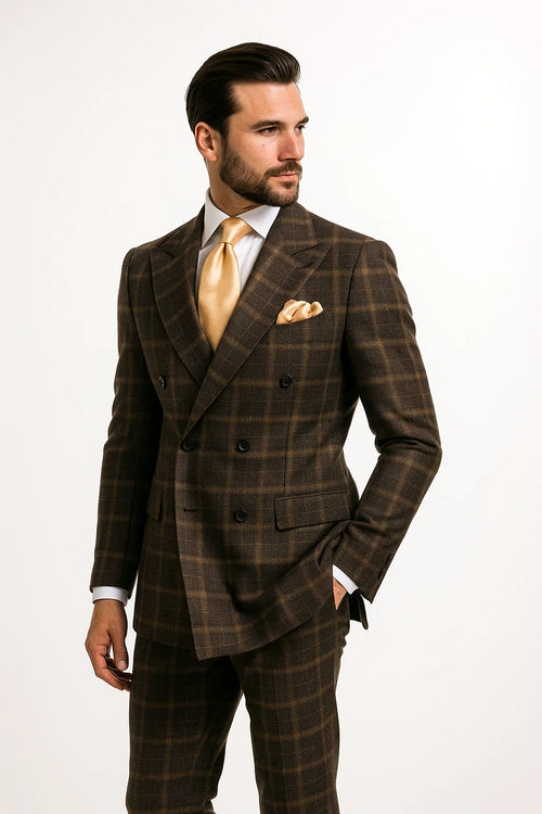 Rossiman Classic Wool Suit – Brown Windowpane Plaid Double-Breasted Formalwear