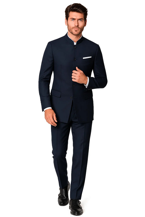 4 Button  Banded Collar Suit  One Chest Pocket  Two Flap Front Pockets  Color: Navy Blue