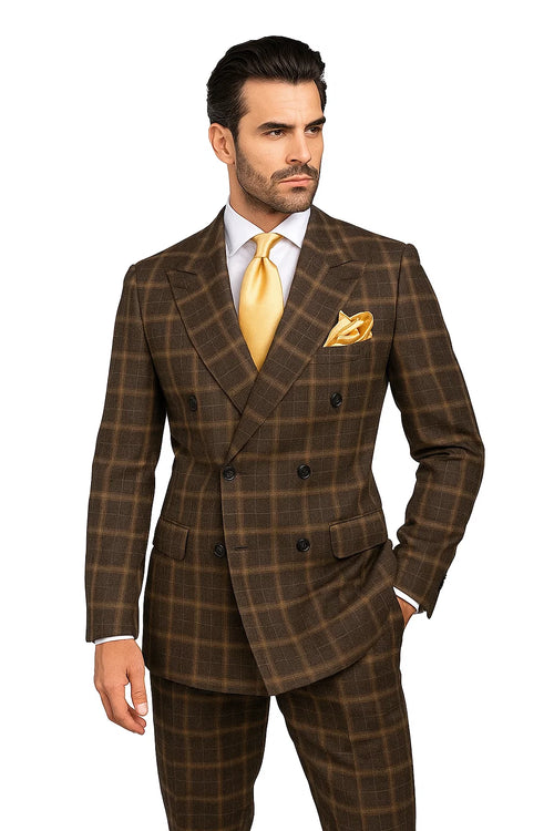 Rossiman Classic Wool Suit – Brown Windowpane Plaid Double-Breasted Formalwear