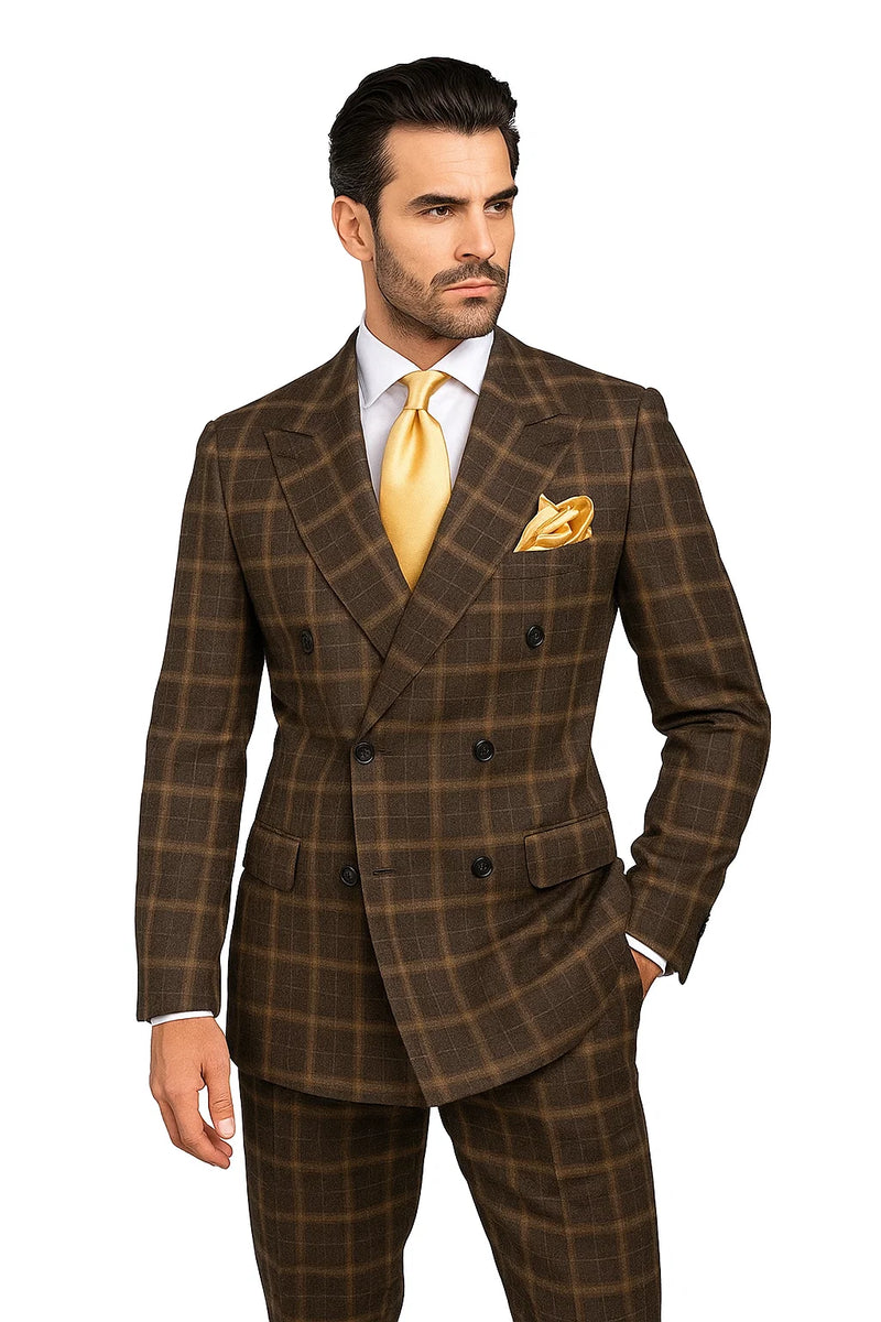 Rossiman Classic Wool Suit â€“ Brown Windowpane Plaid Double-Breasted Formalwear